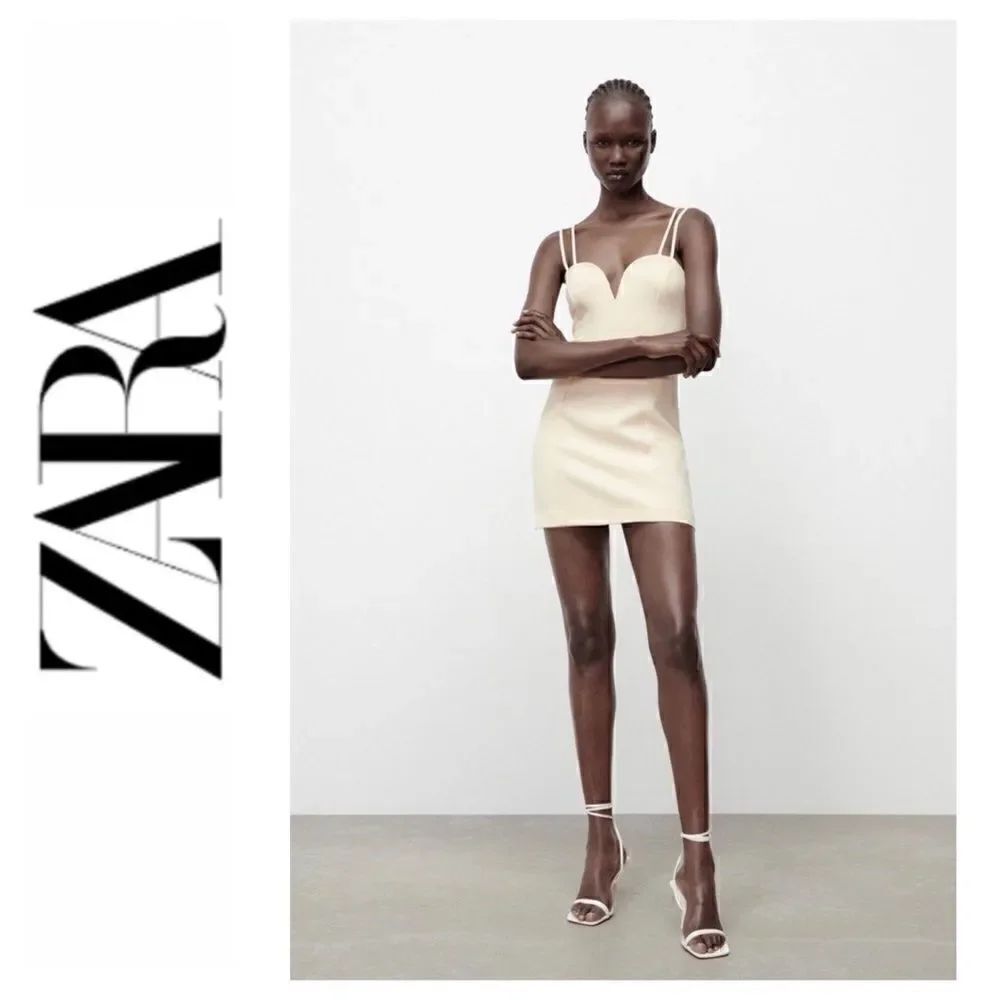 NWT Zara Sweetheart Neckline Double Strap Mini Dress in Ecru, Size Small